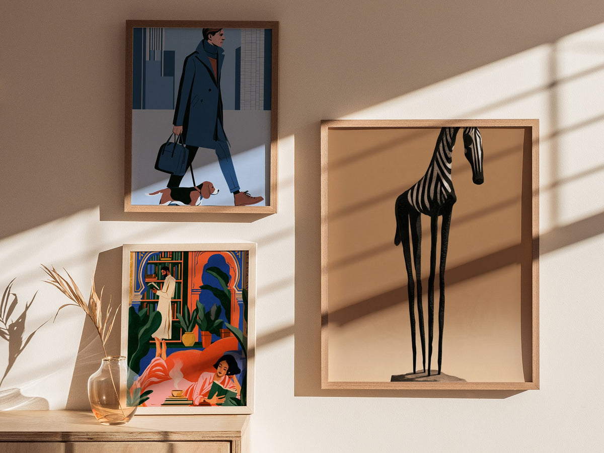 Iron Zebra Stands Poster | Black and Tan Illustrative Art Print | Minimalist Wall Art — styled in an interior
