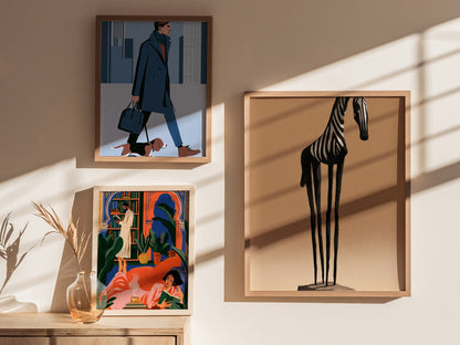 Iron Zebra Stands Poster | Black and Tan Illustrative Art Print | Minimalist Wall Art — styled in an interior