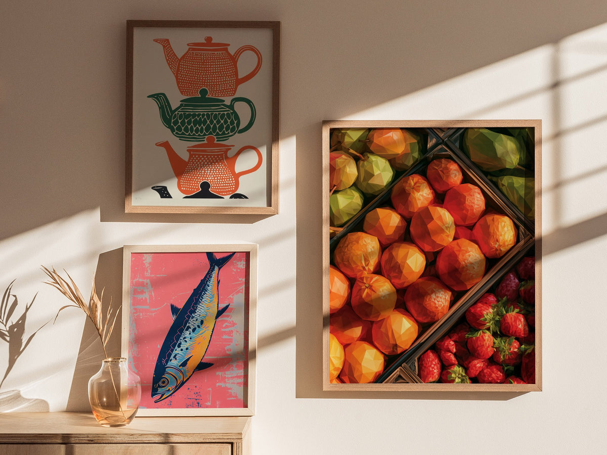 Fruit Stand Overhead Poster | Bold Citrus Low Poly Art Print | Kitchen Wall Art — styled in an interior