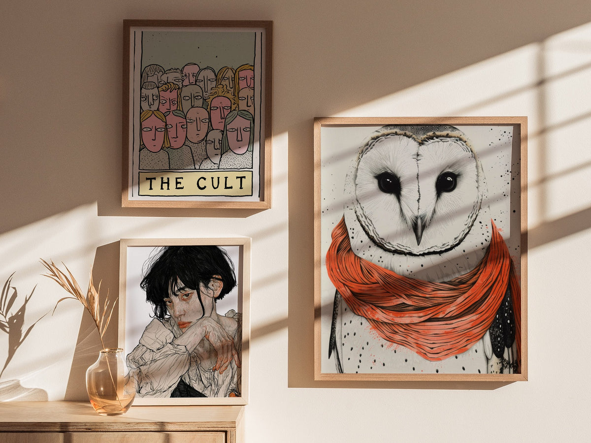 Owl in Scarf Poster | Black and Coral Pen and Ink Art Print | Cottagecore Wall Art — styled in an interior