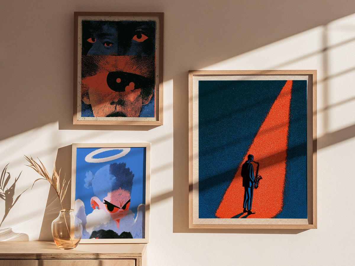 Spotlight Finds Him Poster | Teal and Coral Screen Print Art Print | Jazz Lover Wall Art — styled in an interior