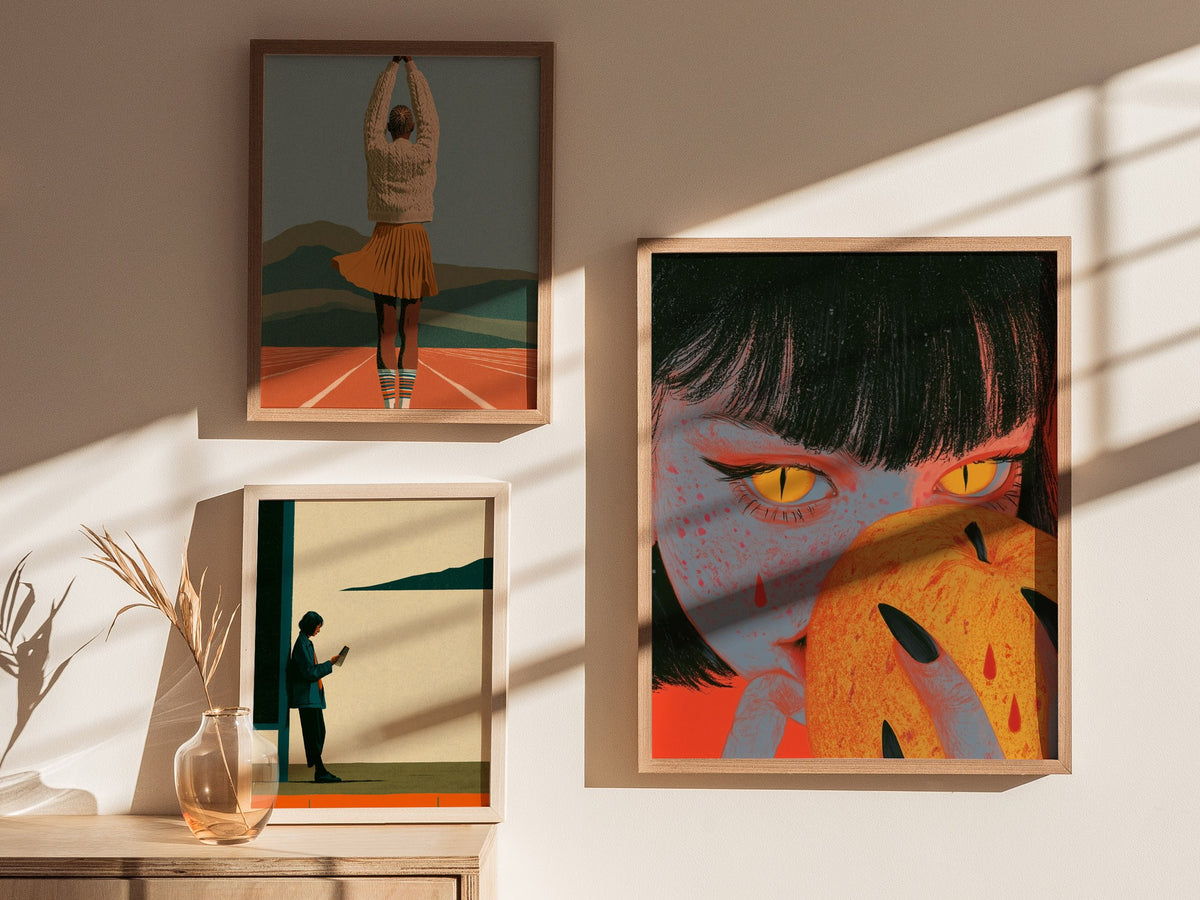 Devil Bites Apple Poster | Coral and Yellow Illustrative Art Print | Dark Fantasy Wall Art — styled in an interior