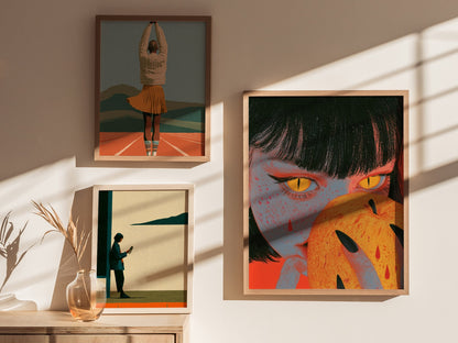 Devil Bites Apple Poster | Coral and Yellow Illustrative Art Print | Dark Fantasy Wall Art — styled in an interior