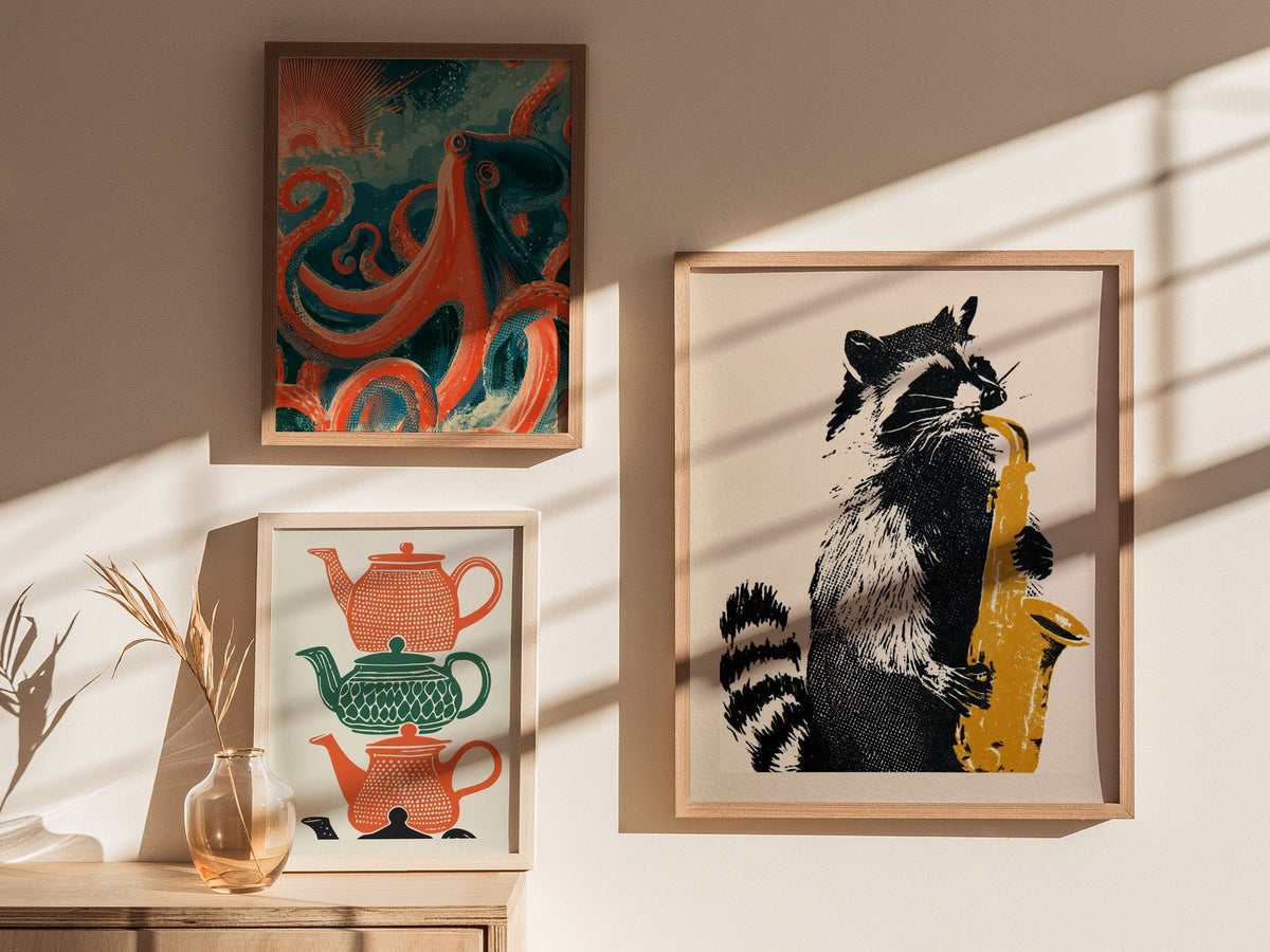 Raccoon Plays Saxophone Poster | Black and Yellow Screen Print Art Print | Music Lover Wall Art — styled in an interior