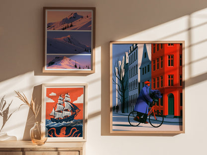 Cyclist Carries Hydrangeas Poster | Cobalt and Yellow Illustrative Art Print | Modernist Wall Art — styled in an interior