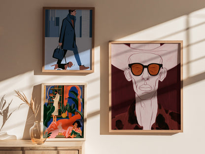 Cowboy Behind Shades Poster | Burgundy Red Illustrative Art Print | Western Gothic Wall Art — styled in an interior