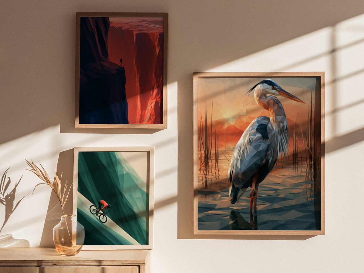 Heron Guards Dusk Poster | Slate and Burnt Low Poly Art Print | Minimalist Wall Art — styled in an interior
