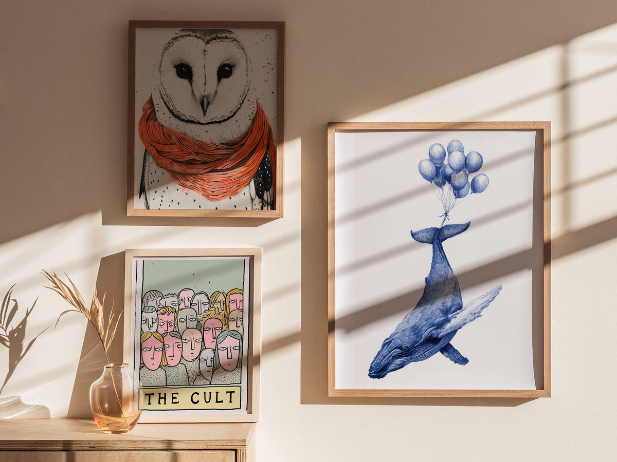 Whale Lifted Away Poster | Black and White Pen and Ink Art Print | Dark Fantasy Wall Art — styled in an interior