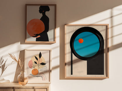 Circular Window Portal Poster | Cobalt and Orange Minimalism Art Print | Minimalist Wall Art — styled in an interior