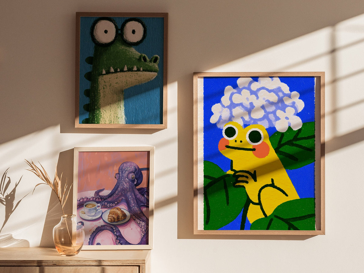 Toad with Hydrangeas Poster | Yellow and Periwinkle Illustrative Art Print | Kids Room Wall Art — styled in an interior