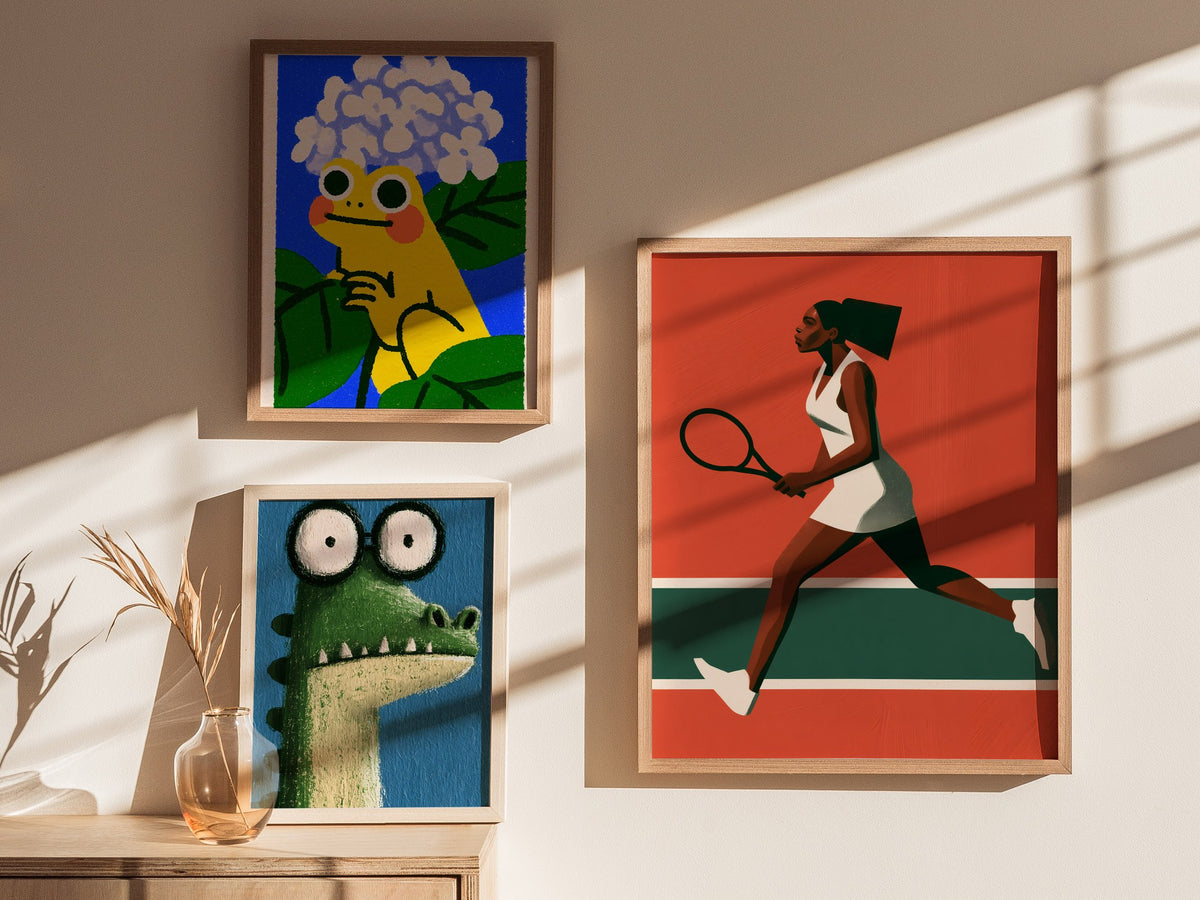 Clay Court Stride Poster | Coral and Green Illustrative Art Print | Tennis Wall Art — styled in an interior