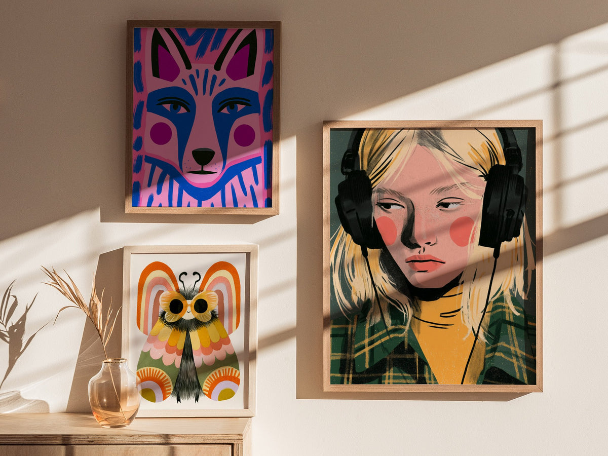 Headphone Hours Poster | Green and Gold Illustrative Art Print | Music Lovers Wall Art — styled in an interior