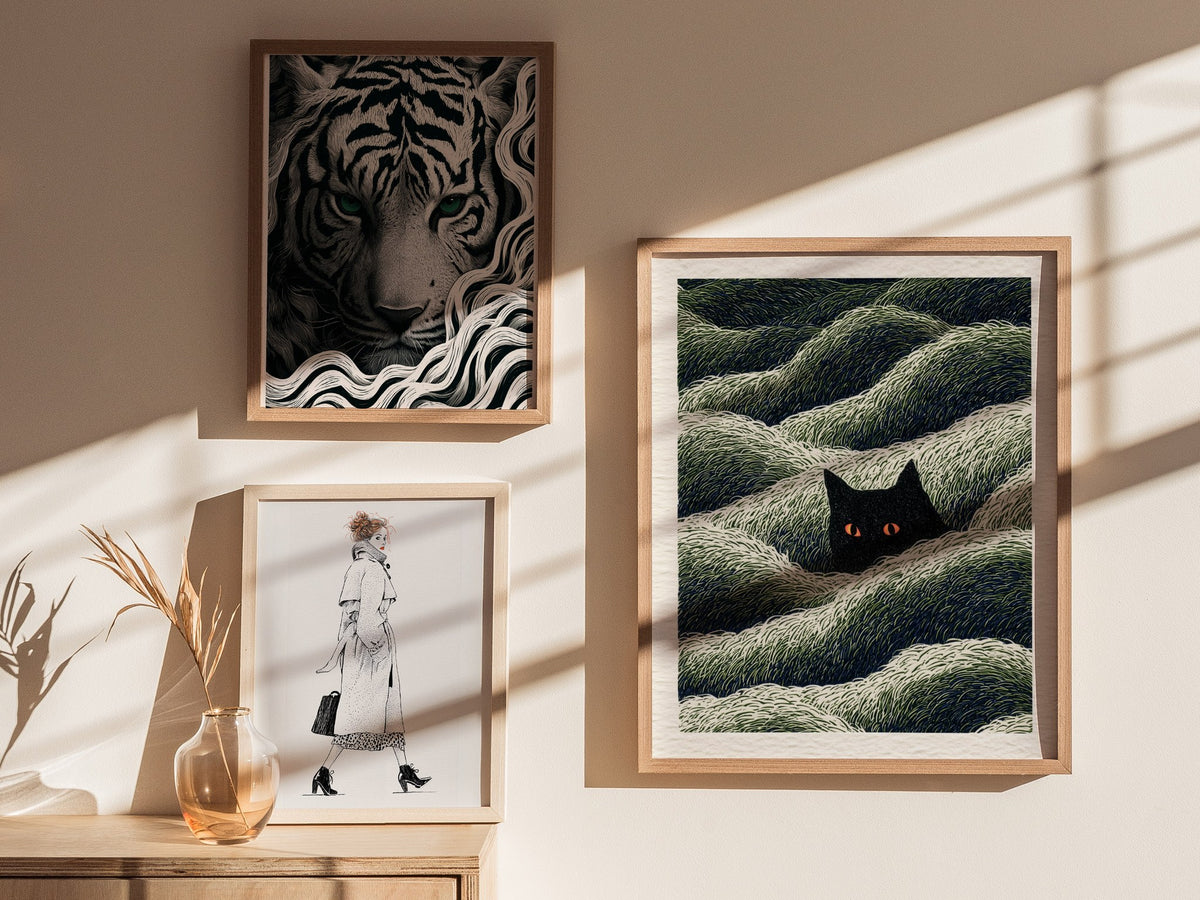 Cat Lurks Deep Poster | Green and Black Pen and Ink Art Print | Dark Fantasy Wall Art — styled in an interior