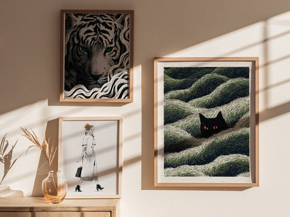 Cat Lurks Deep Poster | Green and Black Pen and Ink Art Print | Dark Fantasy Wall Art — styled in an interior