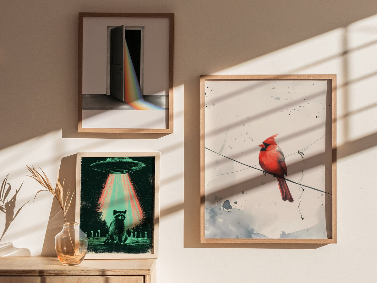 Cardinal on Wire Poster | Crimson and Grey Japanese Watercolor Art Print | Minimalist Wall Art — styled in an interior