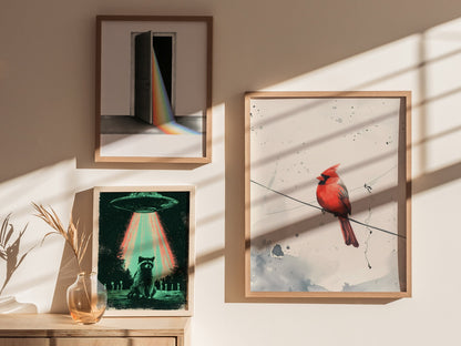 Cardinal on Wire Poster | Crimson and Grey Japanese Watercolor Art Print | Minimalist Wall Art — styled in an interior