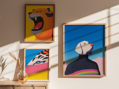 Rainbow Dog Sweater Poster | Kids Art Print — styled in an interior