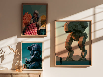 Mech Waits Dawn Poster | Teal and Orange Low Poly Art Print | Sci-Fi Wall Art — styled in an interior