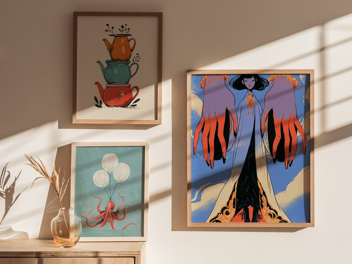Figure Between Hands Poster | Coral and Periwinkle Illustrative Art Print | Art Deco Wall Art — styled in an interior