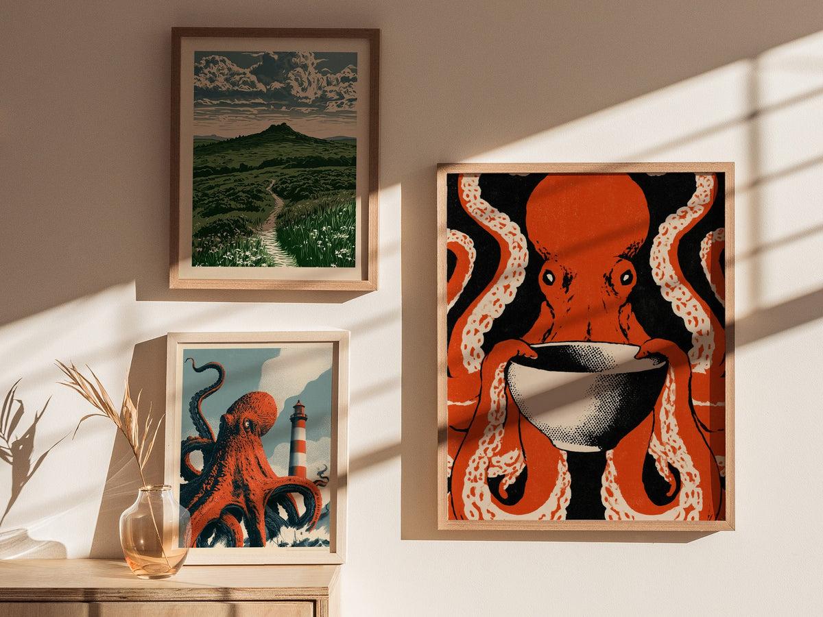 Breakfast Octopus Poster | Cream and Rust Screen Print Art Print | Kitchen Wall Art — styled in an interior