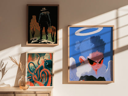 Fallen Angel Scowls Poster | Periwinkle and Orange Screen Print Art Print | Dark Fantasy Wall Art — styled in an interior