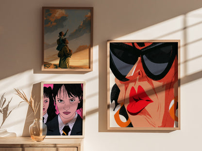Diva Hides Eyes Poster | Coral and Black Illustrative Art Print | Pop Art Wall Art — styled in an interior