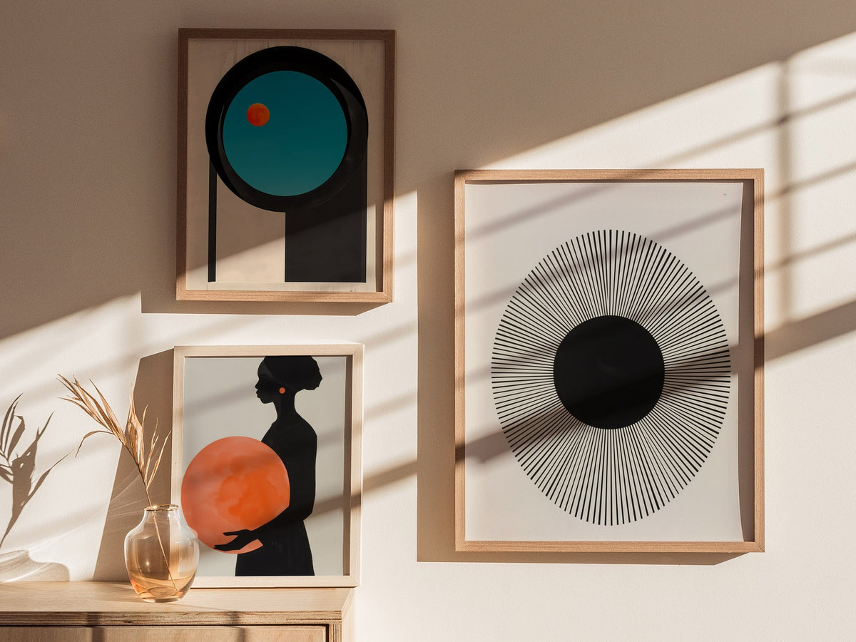Happy Sun Poster | Black and White Minimalism Art Print | Kids Room Wall Art — styled in an interior