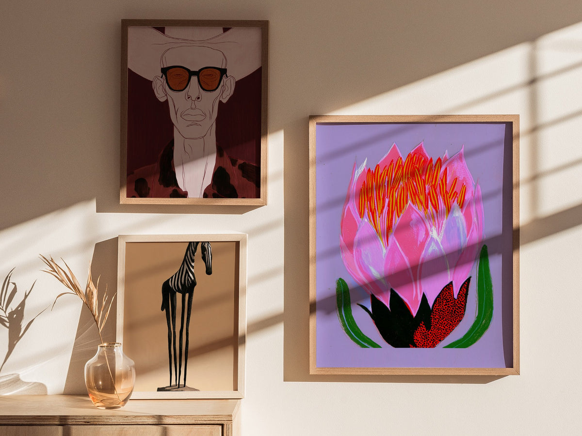 Flower Erupts Purple Poster | Pink and Lavender Illustrative Art Print | Botanical Wall Art — styled in an interior