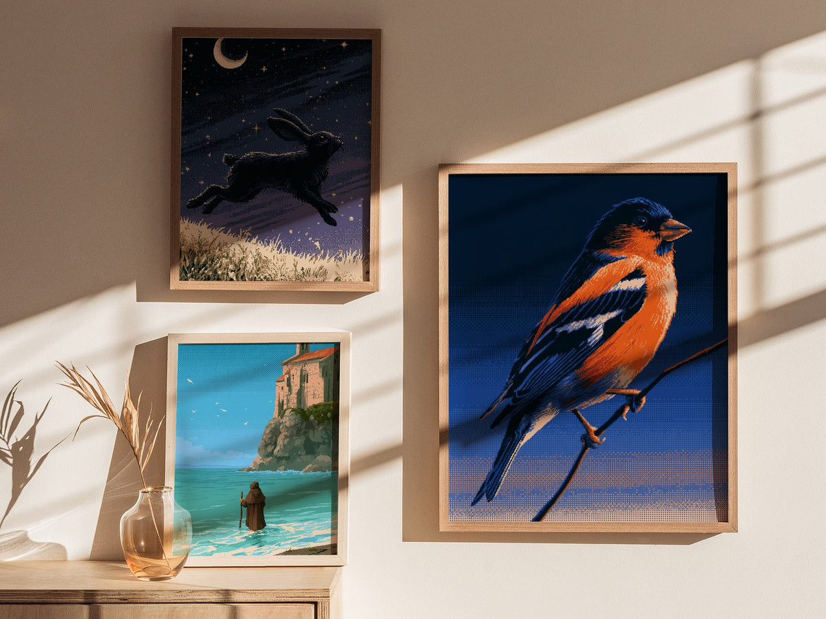 Bullfinch Burning Blue Poster | Navy and Orange Pixel Art Print | Retro Gaming Wall Art — styled in an interior
