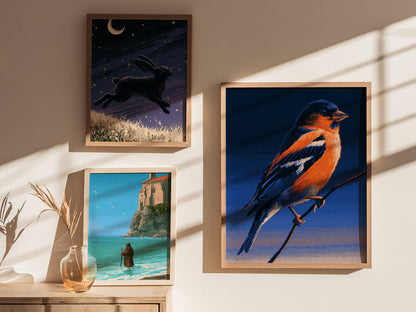 Bullfinch Burning Blue Poster | Navy and Orange Pixel Art Print | Retro Gaming Wall Art — styled in an interior
