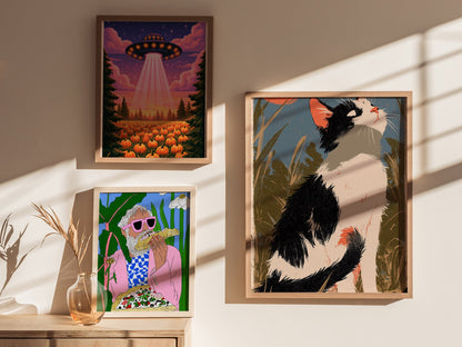 Cat Chasing Tail Poster | Cream and Coral Illustrative Art Print | Kids Room Wall Art — styled in an interior