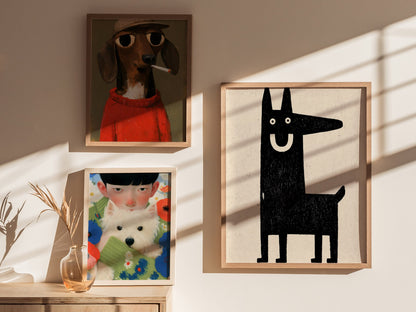 Grinning Dog Poster | Black and Cream Screen Print Art Print | Folk Art Wall Art — styled in an interior