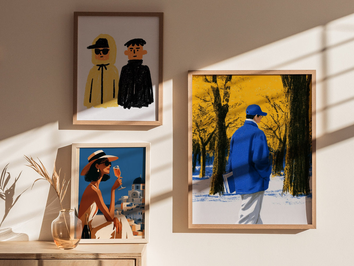 Reader Walks Blue Poster | Cobalt and Green Illustrative Art Print | Book Lovers Wall Art — styled in an interior