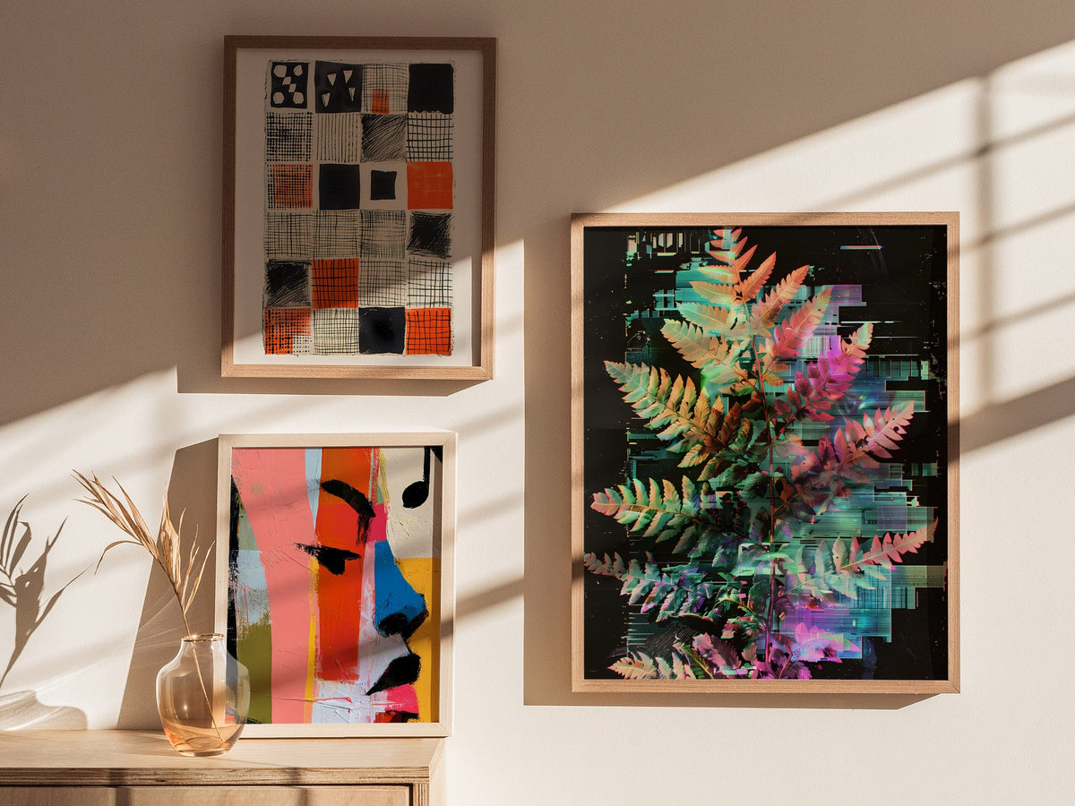 Glitch Fern Poster | Cyan and Magenta Abstract Art Print | Digital Art Wall Art — styled in an interior