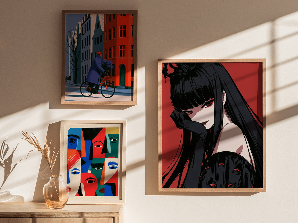 Demon Queen Watches Poster | Red and Black Illustrative Art Print | Dark Fantasy Wall Art — styled in an interior