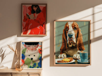 Hound Waits for Toast Poster | Tan and Cobalt Illustrative Art Print | Kitchen Wall Art — styled in an interior