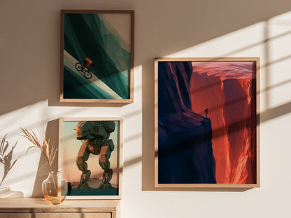 Hiker Finds the Edge Poster | Rust and Purple Low Poly Art Print | Hikers Wall Art — styled in an interior