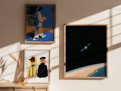 Satellite Keeps Watch Poster | Blue and Tan Illustrative Art Print | Space Enthusiast Wall Art — styled in an interior