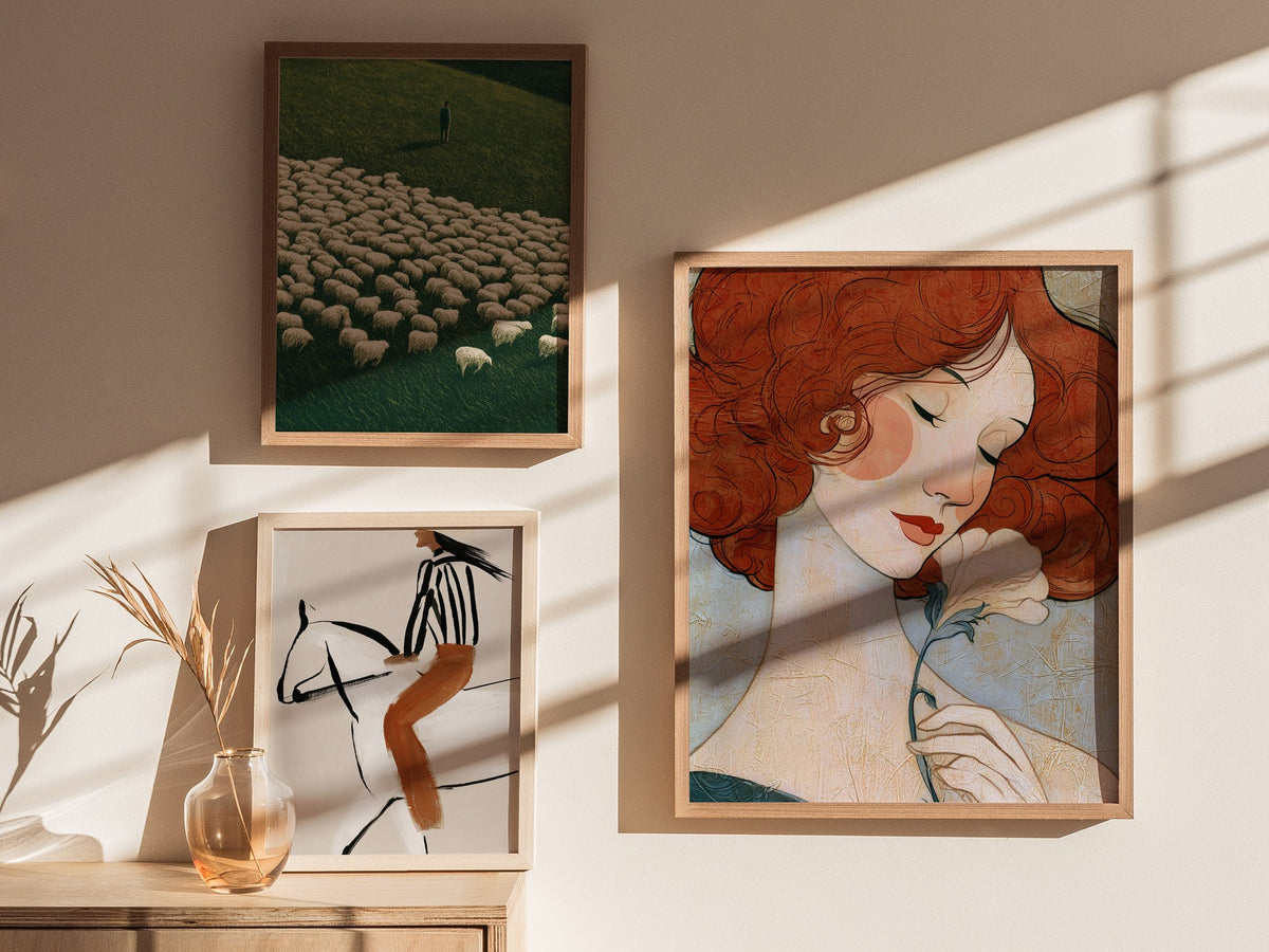 Woman Holds Flower Poster | Coral and Cream Illustrative Art Print | Art Deco Wall Art — styled in an interior