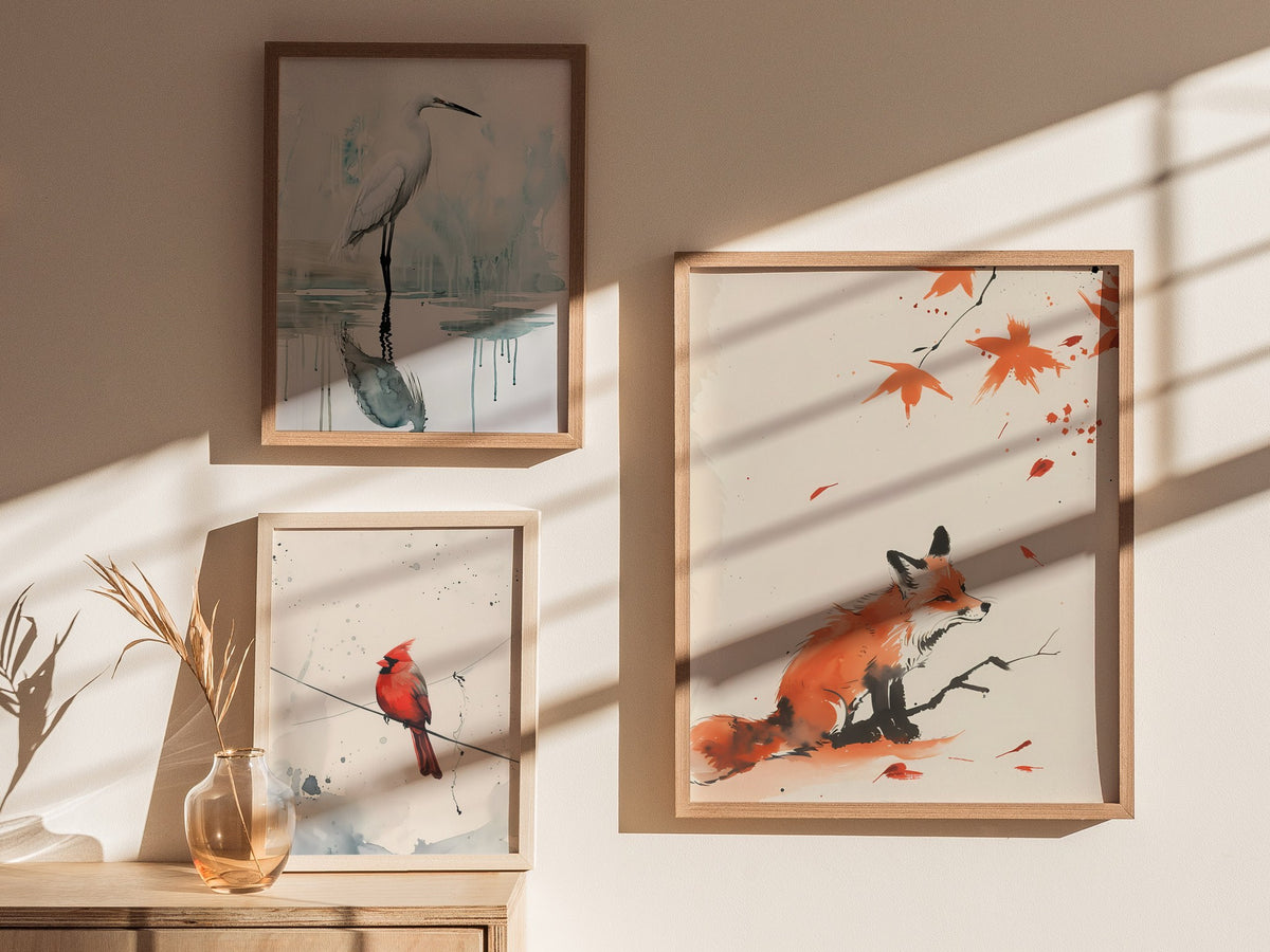 Autumn Visitor Poster | Rust and Sepia Japanese Watercolor Art Print | Minimalist Wall Art — styled in an interior