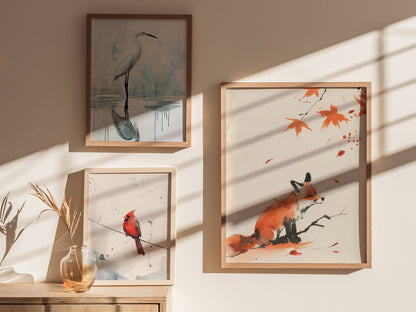 Autumn Visitor Poster | Rust and Sepia Japanese Watercolor Art Print | Minimalist Wall Art — styled in an interior