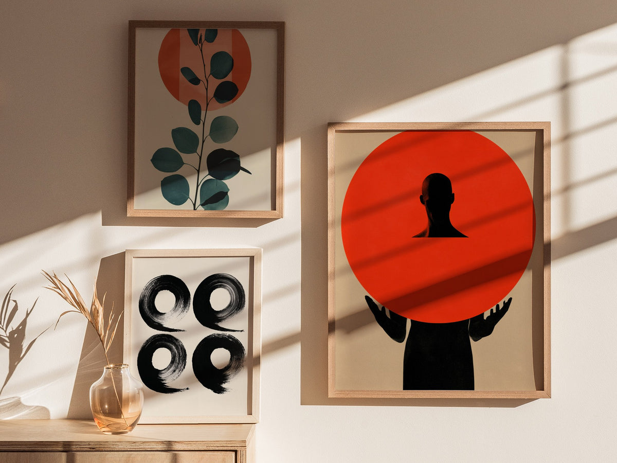 Figure Holding Geometry Poster | Coral and Black Minimalism Art Print | Minimalist Wall Art — styled in an interior