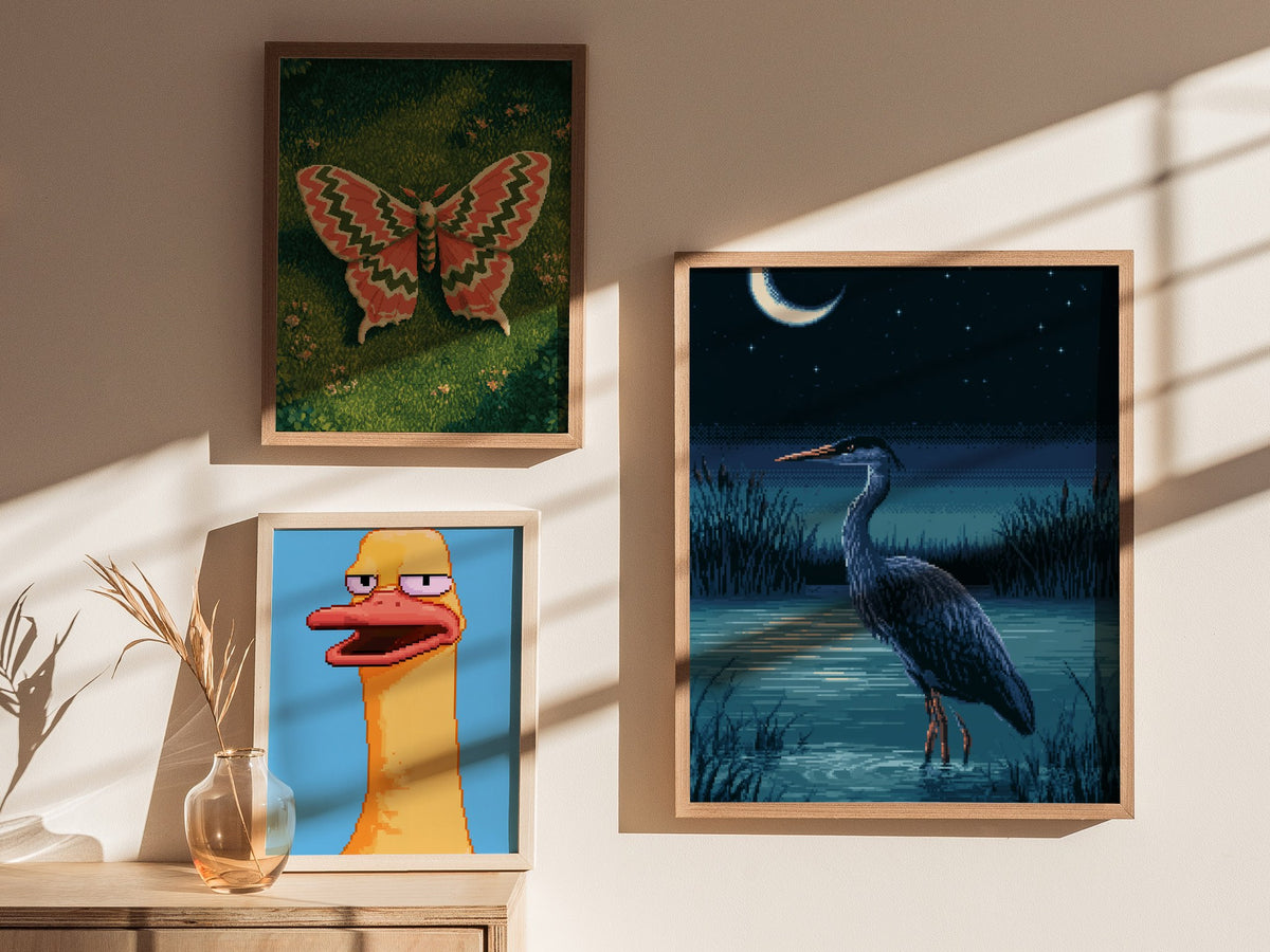 Heron Finds Moonlight Poster | Teal and Navy Pixel Art Print | Retro Gaming Wall Art — styled in an interior