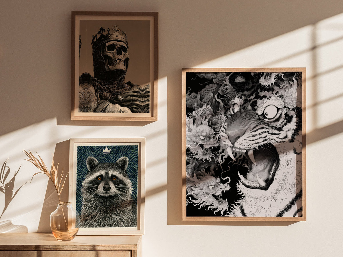 Tiger Plays Dragons Poster | Cream and Black Pen and Ink Art Print | Dark Fantasy Wall Art — styled in an interior