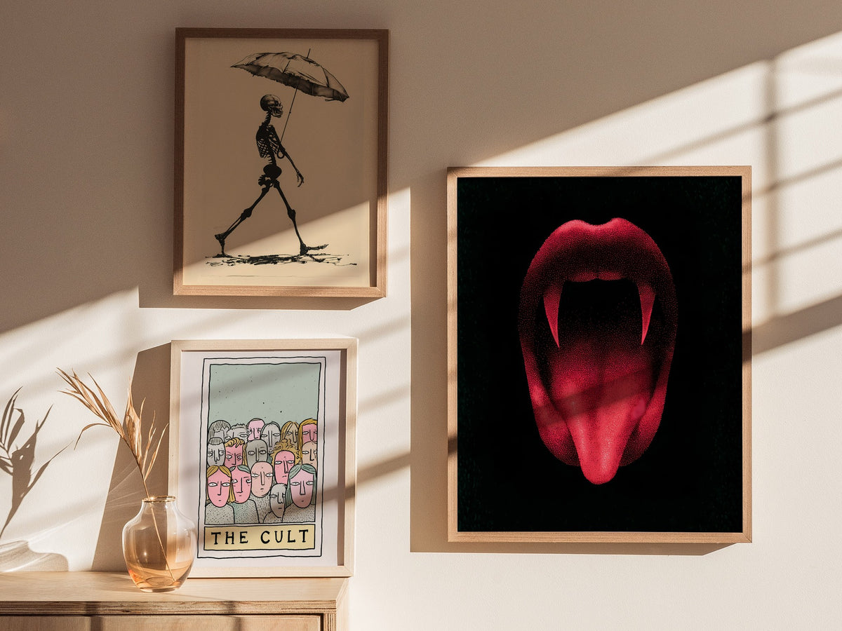 Vampire Smile Poster | Red and Black Pen and Ink Art Print | Goth Wall Art — styled in an interior