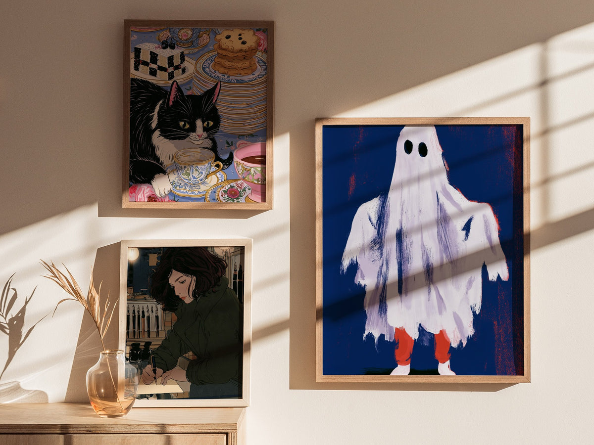 Ghost Stands Still Poster | Navy and Coral Illustrative Art Print | Kids Room Wall Art — styled in an interior