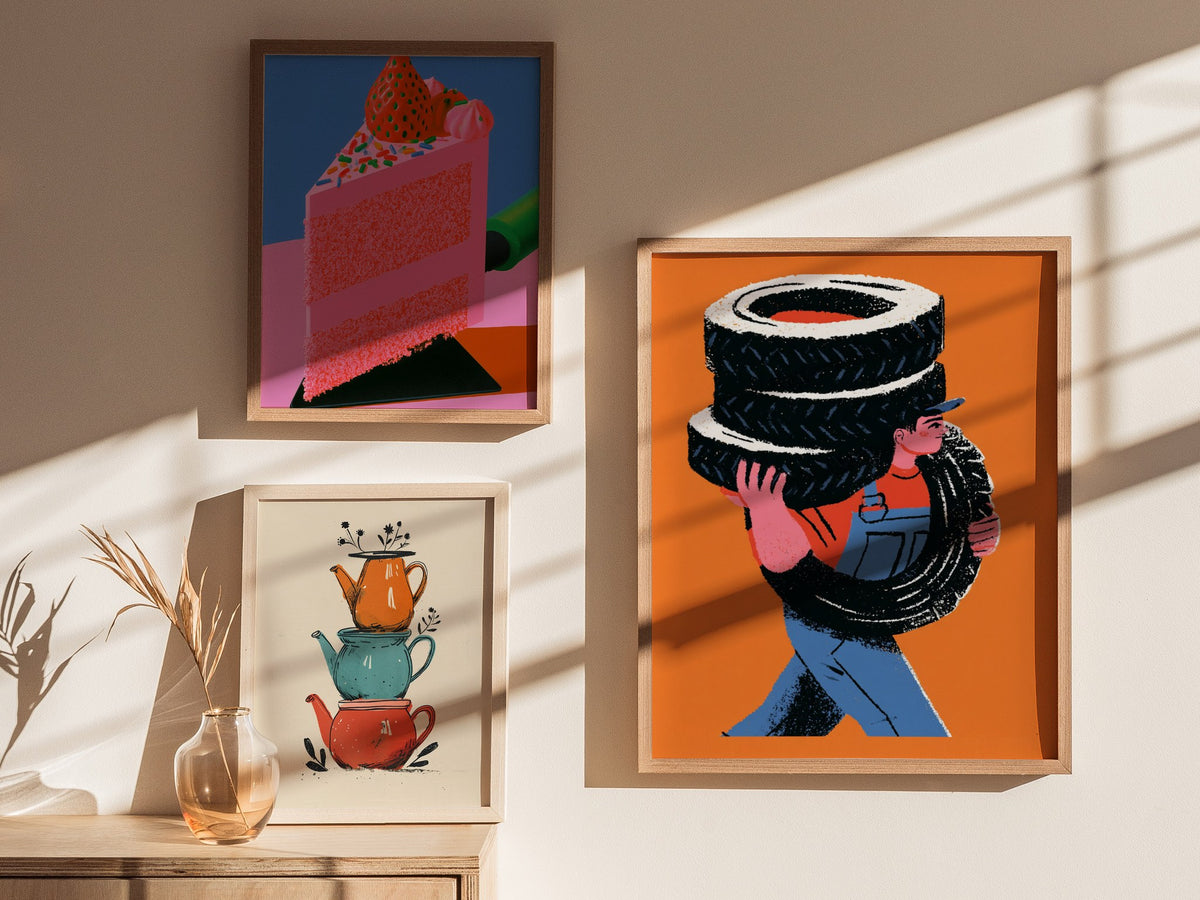 Mechanic Carries Tires Poster | Orange and Blue Illustrative Art Print | Workshop Wall Art — styled in an interior