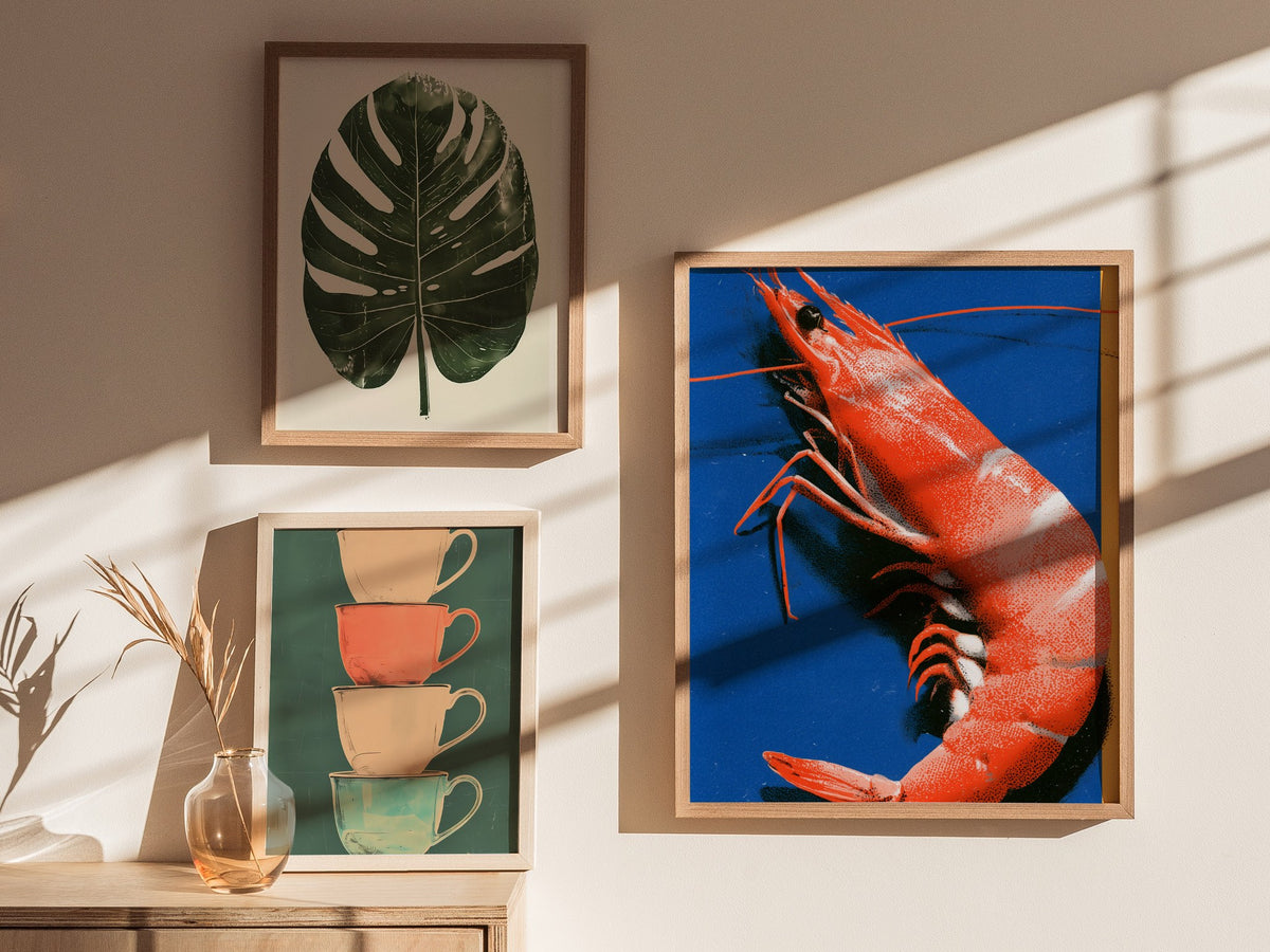 prawn-on-blue Poster | Blue and Orange Screen Print Art Print | Kitchen Wall Art — styled in an interior