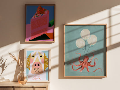 Balloon Octopus Poster | Coral and Teal Illustrative Art Print | Surrealist Wall Art — styled in an interior