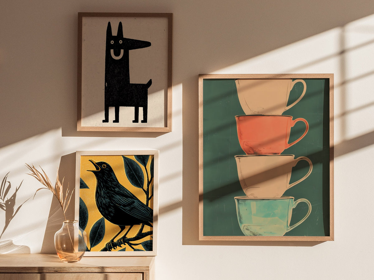 Stacked Teacups Poster | Coral and Teal Screen Print Art Print | Kitchen Wall Art — styled in an interior